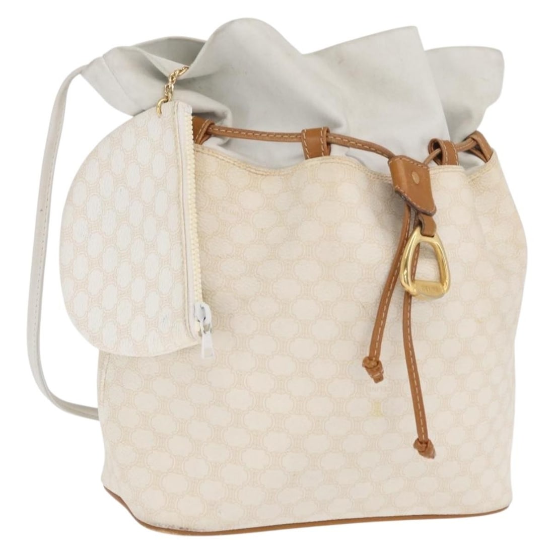 Celine Macadam Canvas and PVC Leather White Gold Shoulder Bag with Pouch: Celine Macadam Canvas and PVC Leather White Gold Shoulder Bag with Pouch This CELINE Macadam canvas shoulder bag features a combination of PVC leather and canvas in a white and gold color scheme. Desi