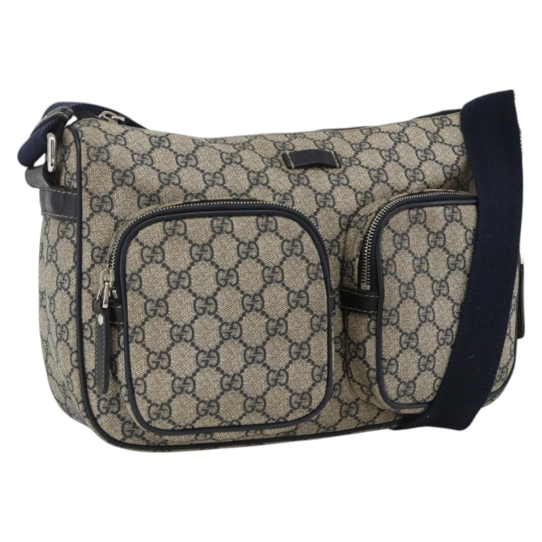 Gucci GG Supreme Navy Silver PVC Leather Shoulder Bag 246881: Gucci GG Supreme Navy Silver PVC Leather Shoulder Bag 246881 This GUCCI GG Supreme shoulder bag features a navy and silver color scheme, crafted from PVC leather and GG canvas. Designed for women, the