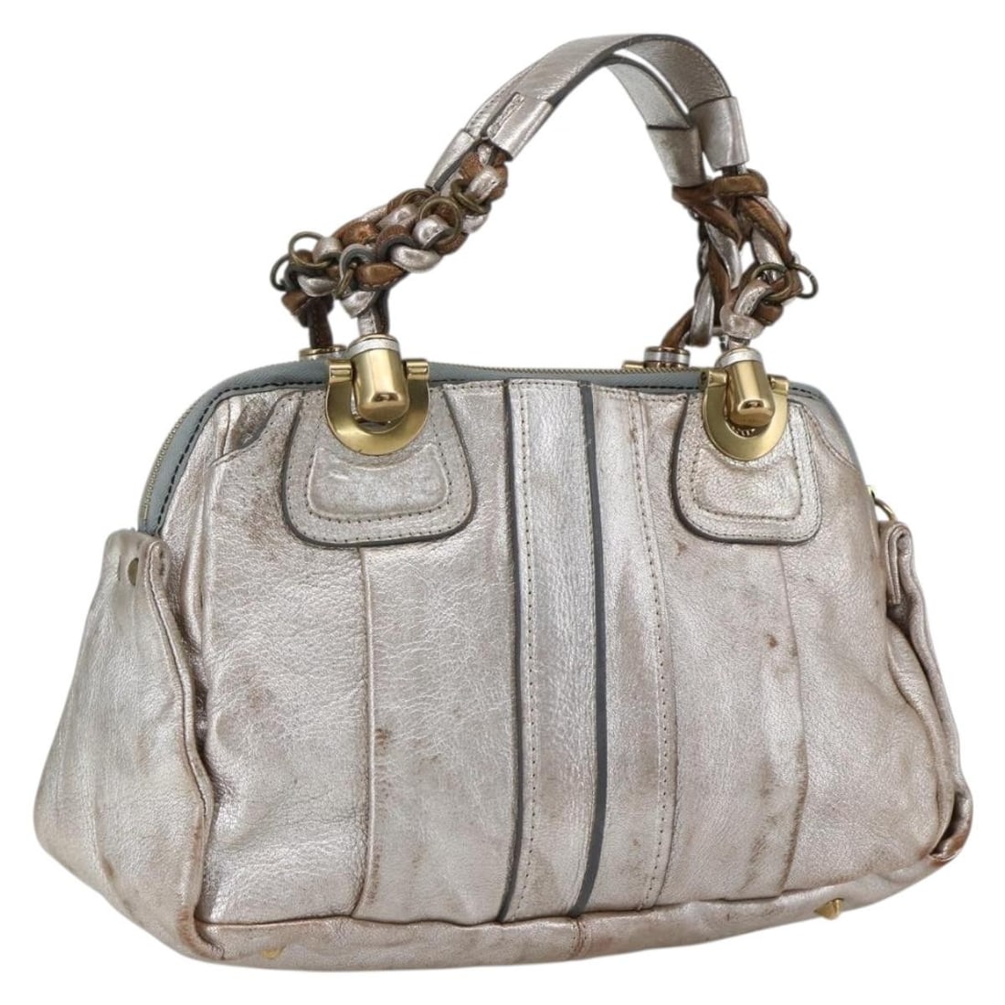Chloe leather silver gold women hand bag Italy 10.6 inch: Chloe leather silver gold women hand bag Italy 10.6 inch This Chloe handbag is crafted from leather in a distinctive silver and gold color combination. Designed for women, it features a structured sil