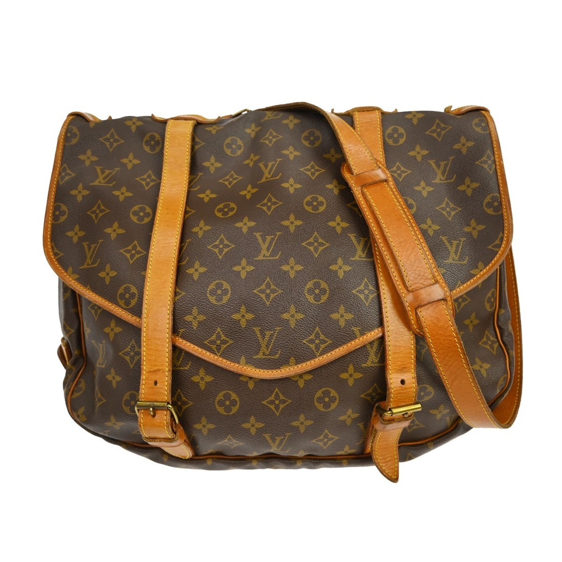 Louis Vuitton Saumur 43 Monogram Crossbody Messenger Bag: Louis Vuitton Saumur 43 Monogram Crossbody Messenger Bag This Louis Vuitton Saumur 43 messenger bag features the iconic Monogram canvas with brown leather trim and a buckle closure. Designed in a larg