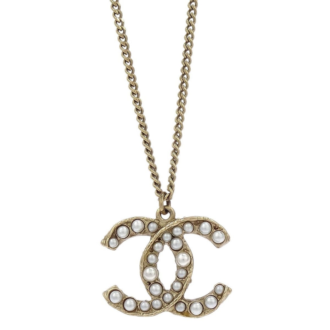 Gold Plated Pendant Necklace with CC Charm and Faux Pearl by Chanel: Gold Plated Pendant Necklace with CC Charm and Faux Pearl by Chanel This Chanel pendant necklace features a gold-plated chain adorned with a signature CC charm and artificial pearl. The necklace showc