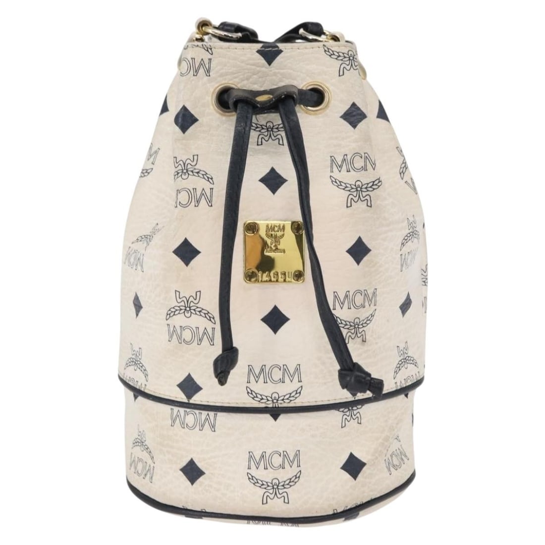 White PVC Drawstring Purse by MCM Shoulder Bag 15cm by 20cm by 12cm: White PVC Drawstring Purse by MCM Shoulder Bag 15cm by 20cm by 12cm This MCM drawstring shoulder bag for women features a white PVC exterior with metal fittings. The bag measures 15cm x 20cm x 12cm an