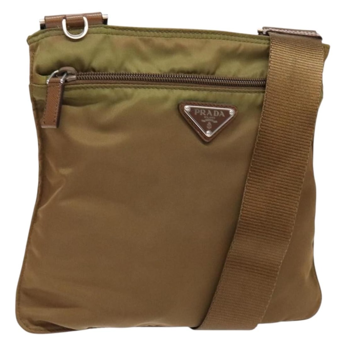 Prada Nylon Brown Silver Shoulder Bag with Guarantee Card: Prada Nylon Brown Silver Shoulder Bag with Guarantee Card This PRADA shoulder bag is crafted from brown and silver nylon, offering a stylish and practical accessory for everyday use. Made in Italy, it