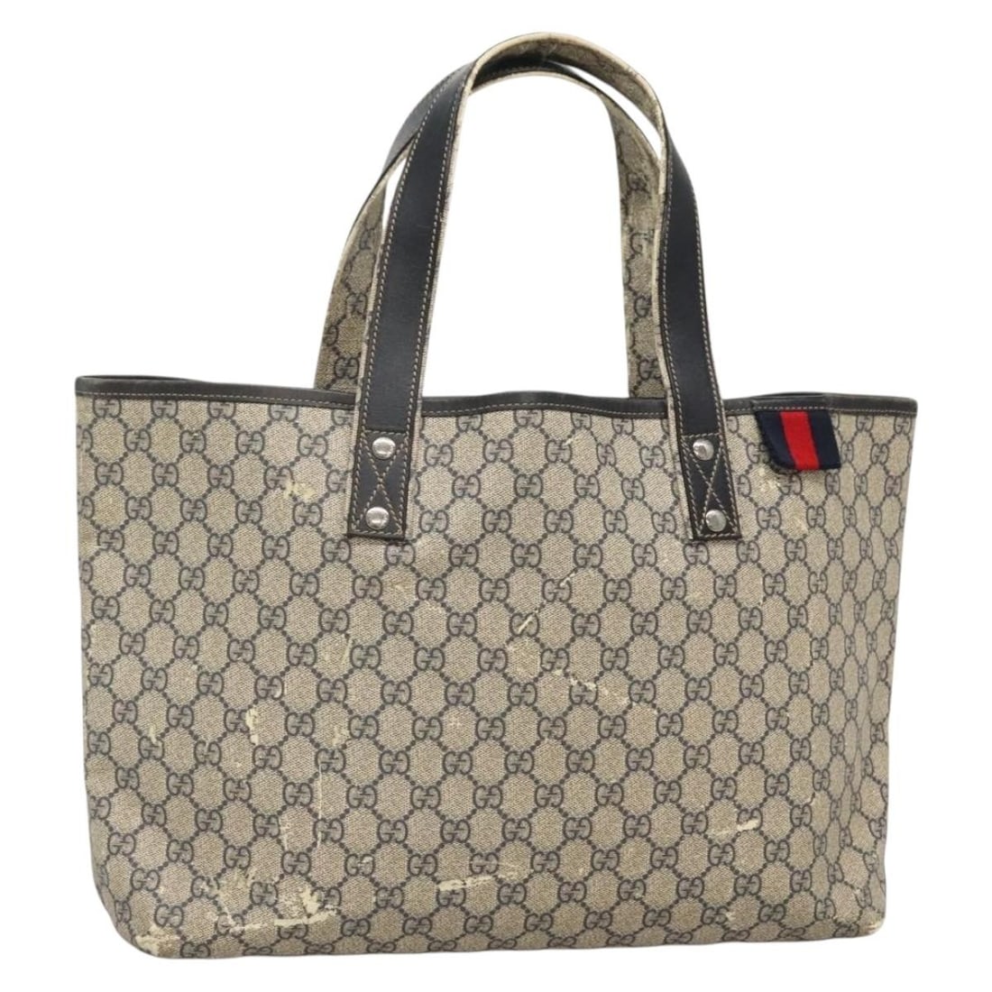 GUCCI Sherry Line PVC Leather Tote Navy Silver 211134: GUCCI Sherry Line PVC Leather Tote Navy Silver 211134 This GUCCI GG Supreme Sherry Line tote bag is crafted from navy and silver PVC leather with GG canvas accents. Made in Italy, it features a spacio