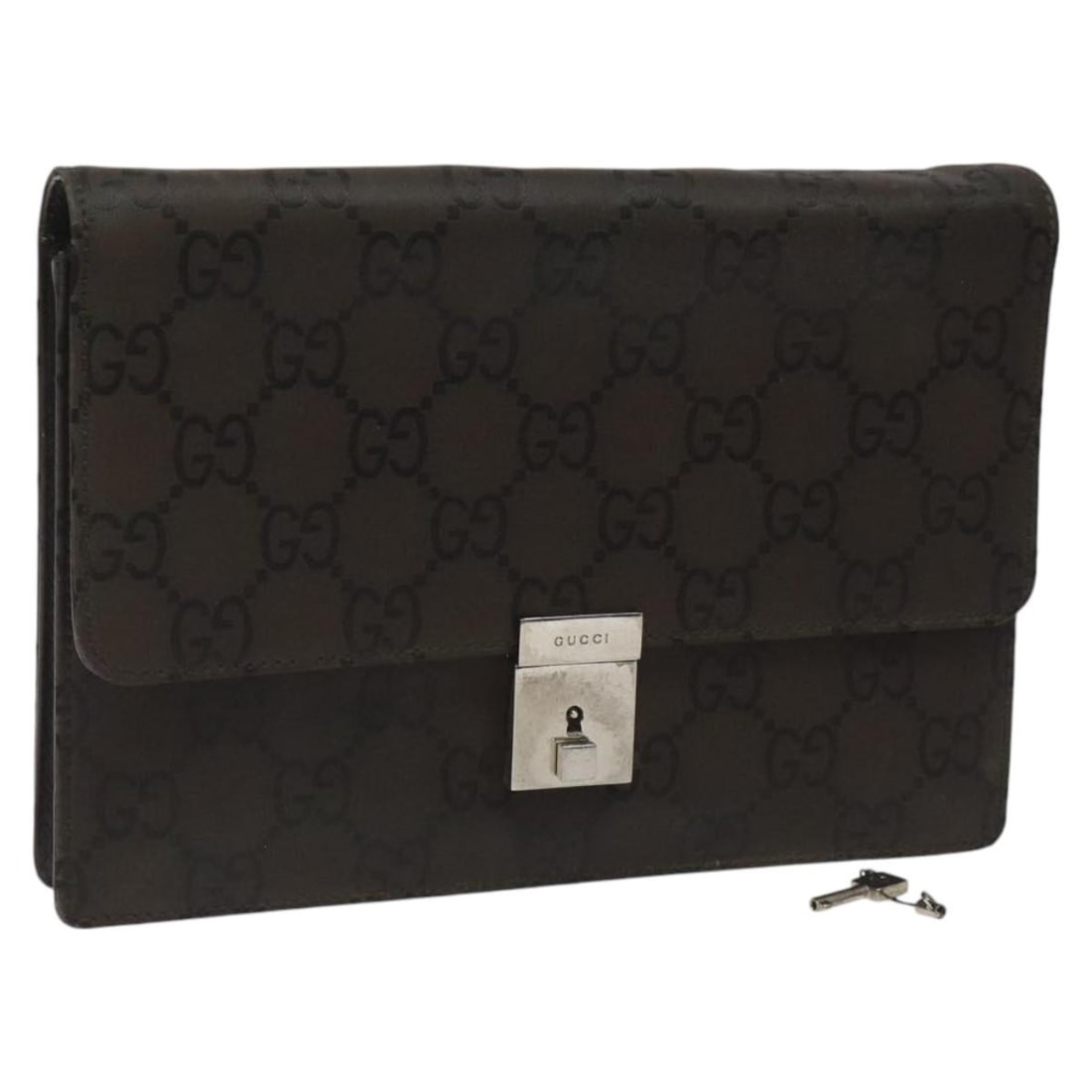Gucci GG Canvas Brown Clutch Bag with Key: Gucci GG Canvas Brown Clutch Bag with Key This GUCCI GG Canvas clutch bag features a classic brown exterior crafted from GG Canvas. Designed for women, it offers a compact and elegant silhouette, maki