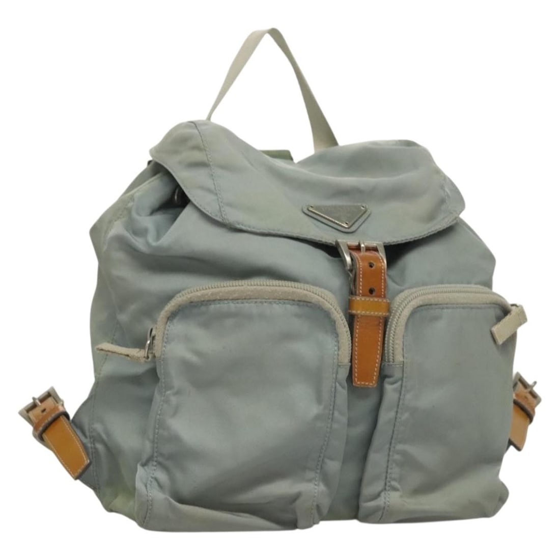 Prada nylon light blue silver backpack with guarantee card: Prada nylon light blue silver backpack with guarantee card This PRADA backpack features a light blue and silver nylon exterior, offering a stylish and functional accessory for everyday use. Designed f