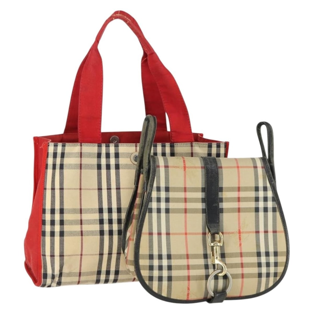 Set of 2 Burberry Beige Canvas Nova Check Shoulder Bags: Set of 2 Burberry Beige Canvas Nova Check Shoulder Bags This is a BURBERRY Nova Check shoulder bag set in beige canvas. The bags show significant signs of use, including loss of shape, rubbing, stains