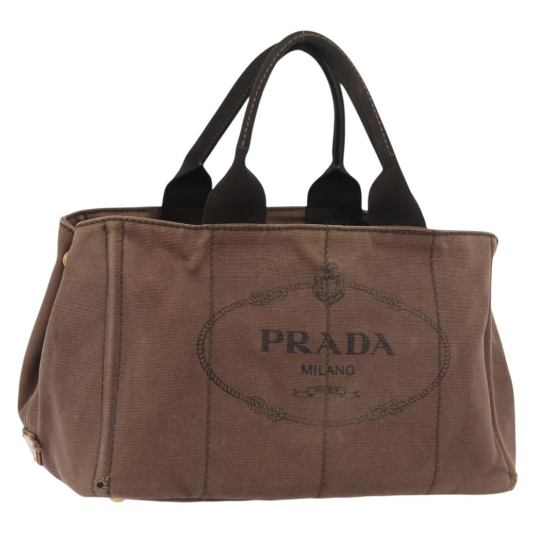 Prada Canapa MM Brown Gold Canvas Tote Bag: Prada Canapa MM Brown Gold Canvas Tote Bag This PRADA Canapa MM handbag is crafted from brown and gold canvas, offering a stylish and functional accessory for women. Made in Italy, the bag features du