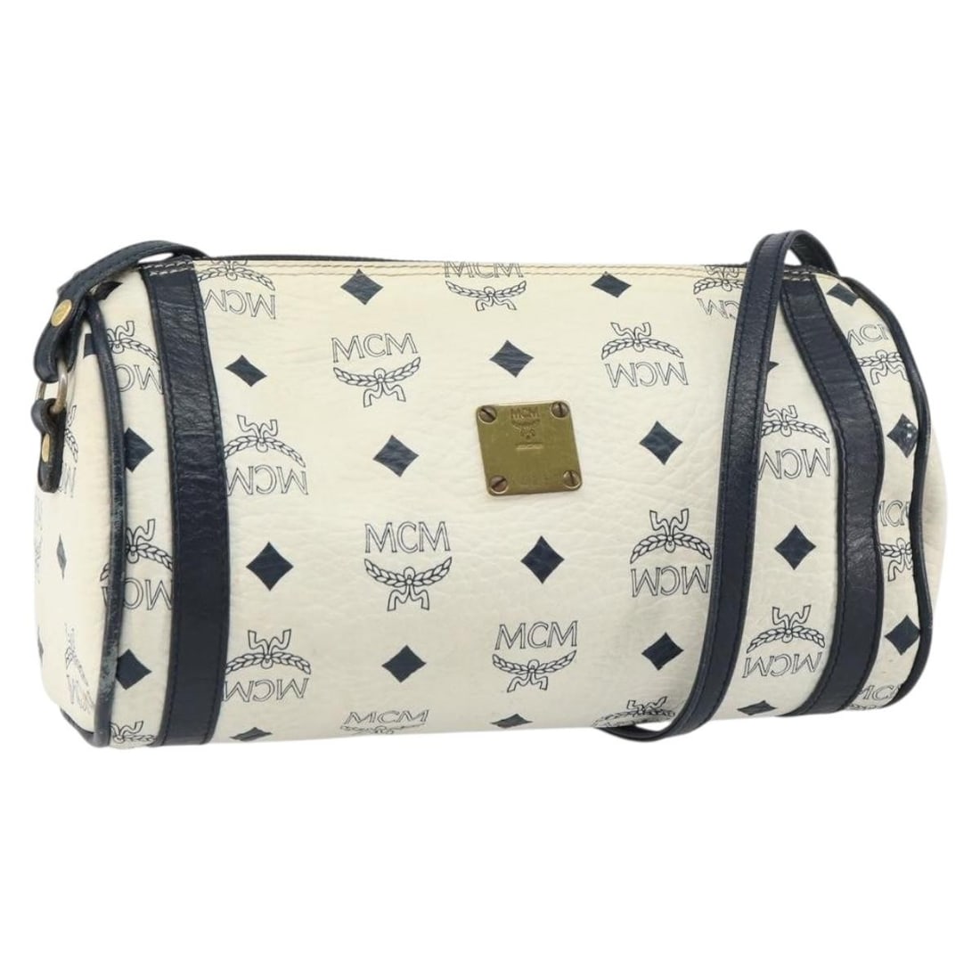 MCM White and Gold PVC Leather Shoulder Bag with Logogram: MCM White and Gold PVC Leather Shoulder Bag with Logogram This MCM Vicetos Logogram shoulder bag features a white and gold PVC leather exterior with a structured silhouette. The bag is heavily used an