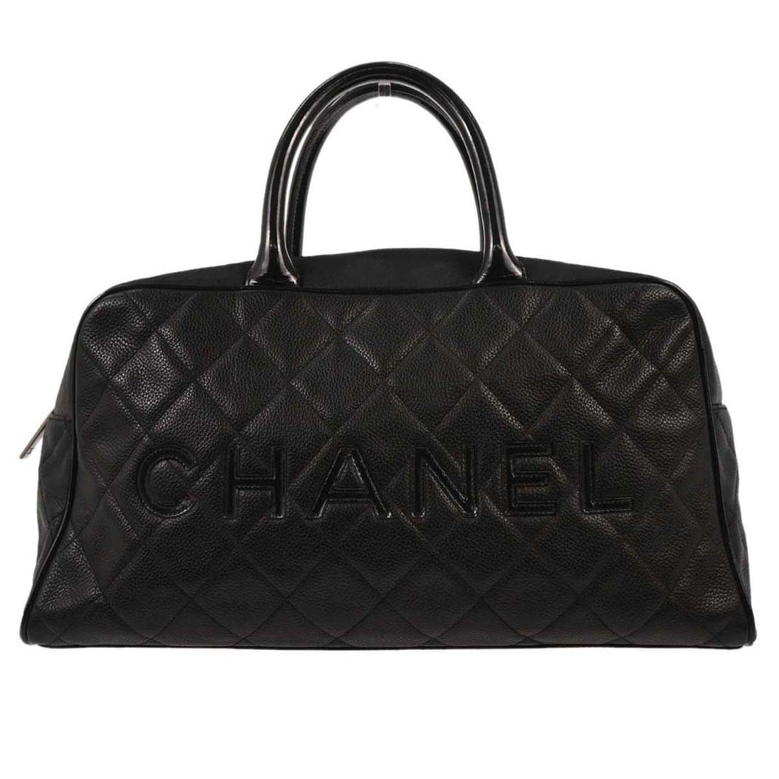 CHANEL Black Caviar Skin Leather Top Handle Bowling Bag: CHANEL Black Caviar Skin Leather Top Handle Bowling Bag This Chanel bowling bag features a large, structured design crafted from black caviar skin leather with a glossy patent finish. It is styled wit