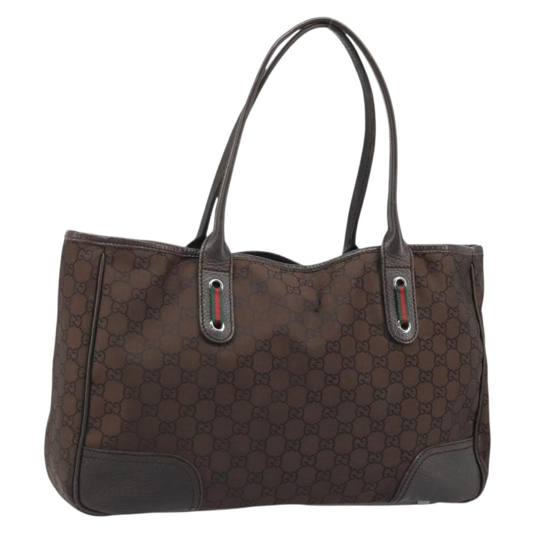 Gucci Brown Nylon GG Canvas Sherry Web Tote Bag 293592 Italy: Gucci Brown Nylon GG Canvas Sherry Web Tote Bag 293592 Italy This Gucci GG Canvas Web Sherry Line tote bag features a brown and silver color scheme with nylon and signature GG canvas construction. Des