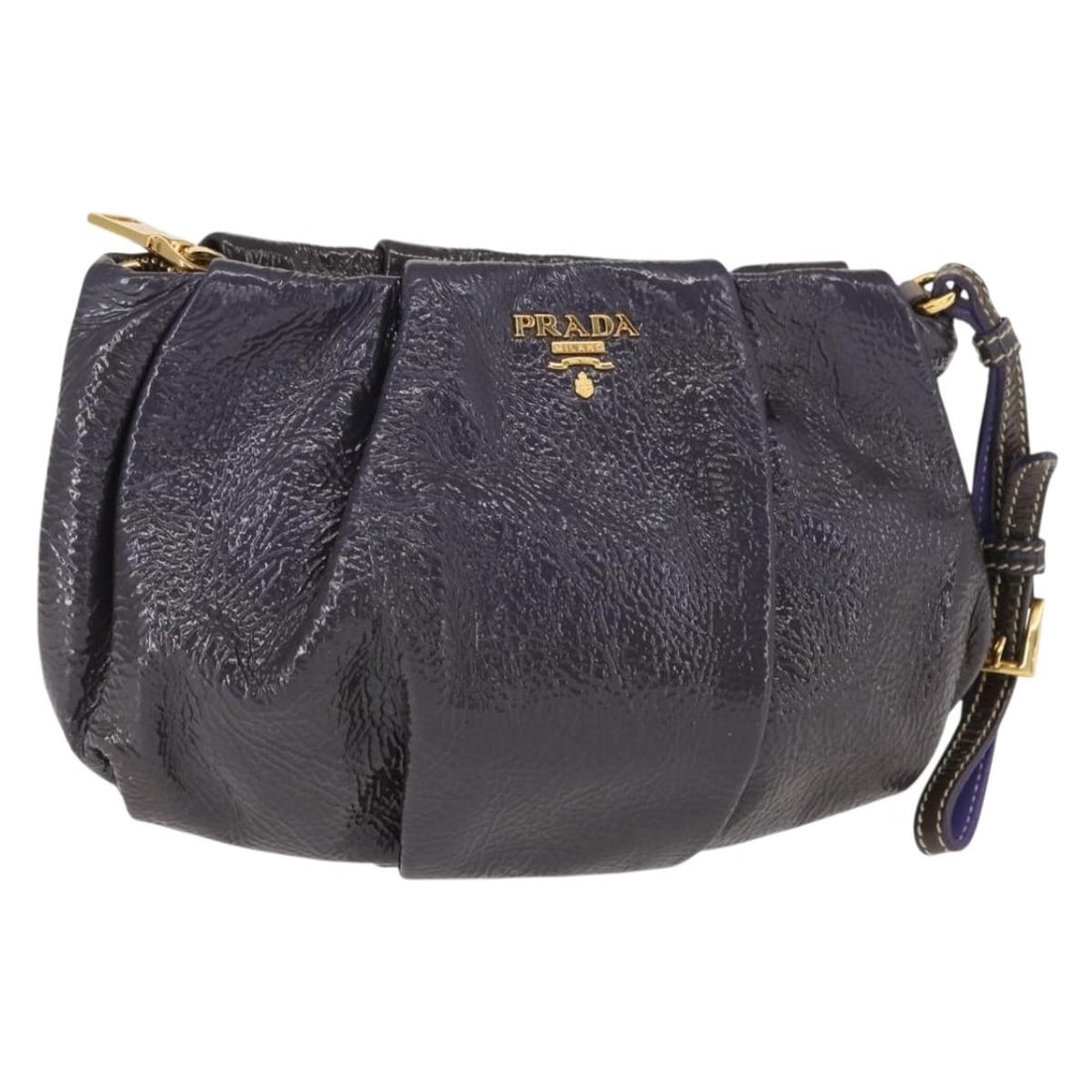 Prada purple gold enamel women s pouch Italy: Prada purple gold enamel women s pouch Italy This Prada pouch features a striking purple and gold enamel exterior, crafted in Italy. The compact design makes it ideal for carrying essentials, with a p