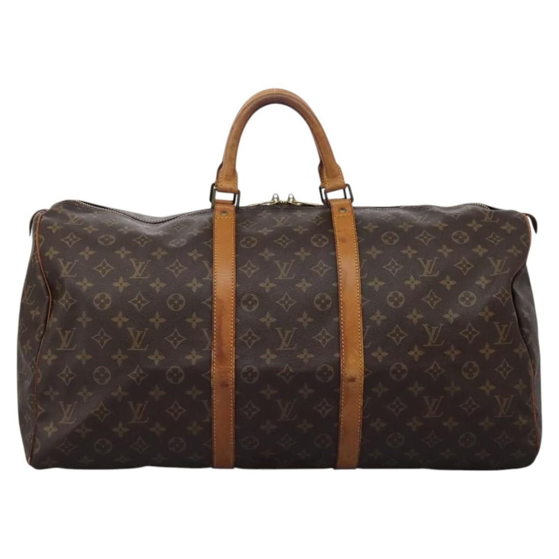 Louis Vuitton Keepall Monogram Canvas Travel Bag 55cm Brown Unisex: Louis Vuitton Keepall Monogram Canvas Travel Bag 55cm Brown Unisex The Louis Vuitton Keepall Bag features the signature monogram canvas in brown, designed for unisex use. The bag displays visible sign