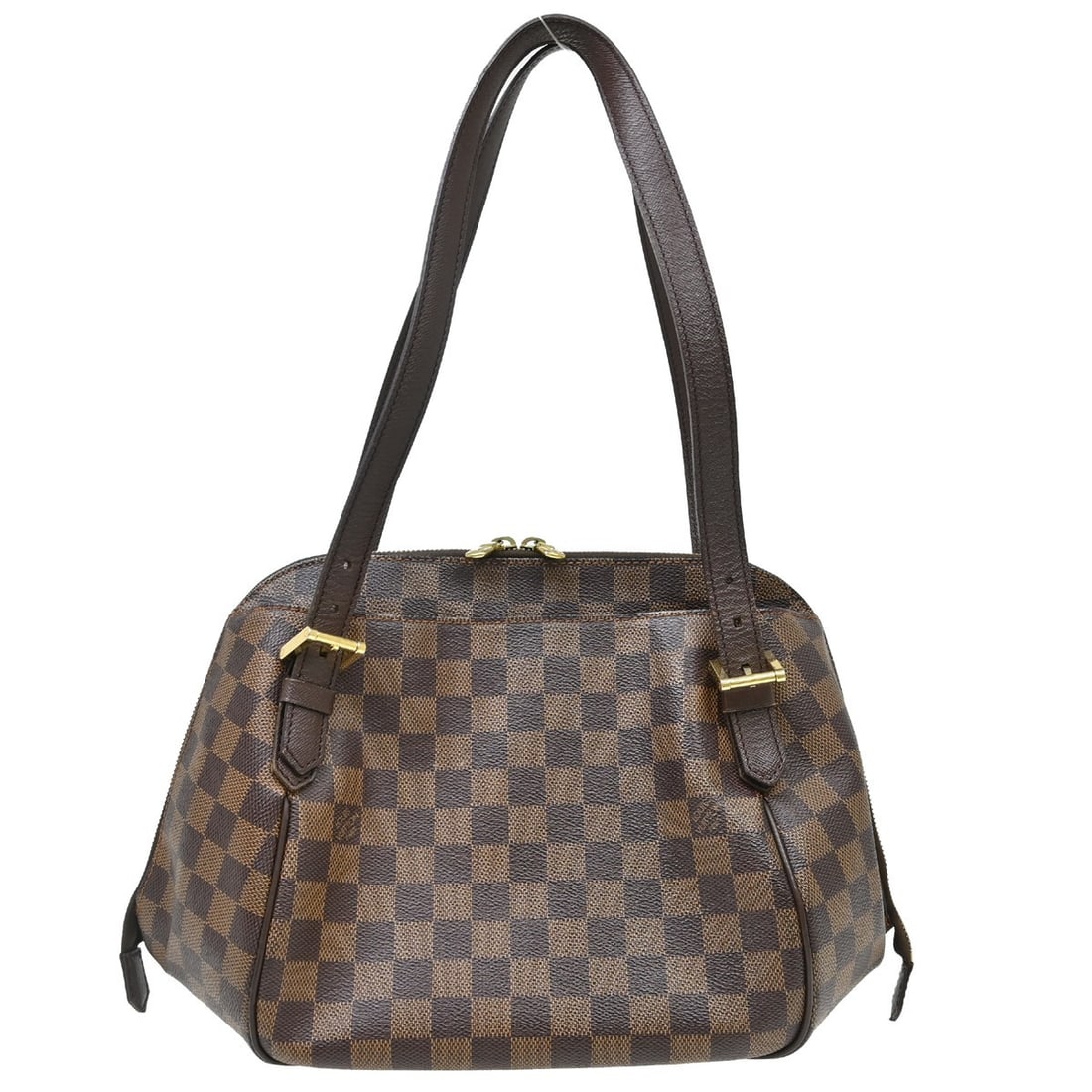 Louis Vuitton Belem MM Damier Canvas Leather Handbag: Louis Vuitton Belem MM Damier Canvas Leather Handbag This Louis Vuitton Belem MM handbag features the signature Damier Ebene canvas leather exterior with brown leather double handles and gold-tone har