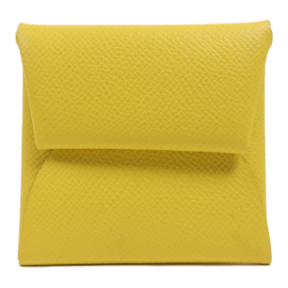 Yellow Epsom Leather Bastia Coin Purse by Hermes with Palladium Hardware: Yellow Epsom Leather Bastia Coin Purse by Hermes with Palladium Hardware This HERMES Calvi Duo Coin Purse is a stylish accessory crafted from high-quality Epsom calfskin leather in a vibrant yellow hu