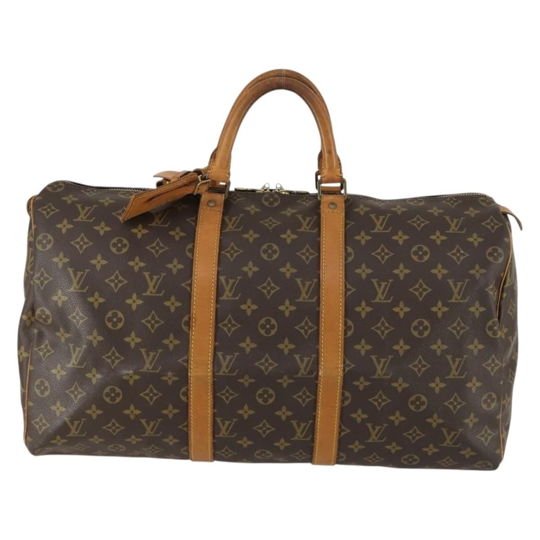Keepall Brown Canvas Travel Bag by Louis Vuitton Unisex 50cm: Keepall Brown Canvas Travel Bag by Louis Vuitton Unisex 50cm This Louis Vuitton Keepall Bag features the iconic monogram canvas in brown, designed for unisex use. The bag shows signs of use, including