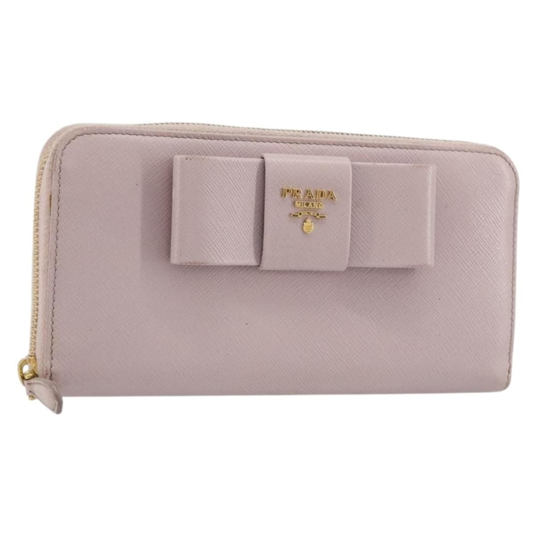 Prada Saffiano Leather Pink Gold Long Wallet with Card: Prada Saffiano Leather Pink Gold Long Wallet with Card This PRADA long wallet is crafted from durable Saffiano leather in a pink and gold color combination. Designed for women, it features a ribbon ac