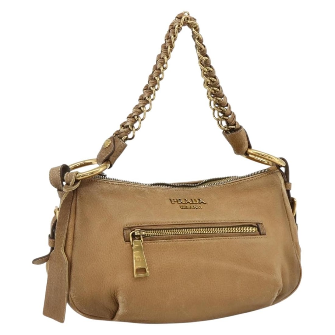 Prada beige leather chain shoulder bag Italy gold tone: Prada beige leather chain shoulder bag Italy gold tone This PRADA chain shoulder bag is crafted from beige and gold leather, offering a stylish and versatile accessory for women. The bag features a go