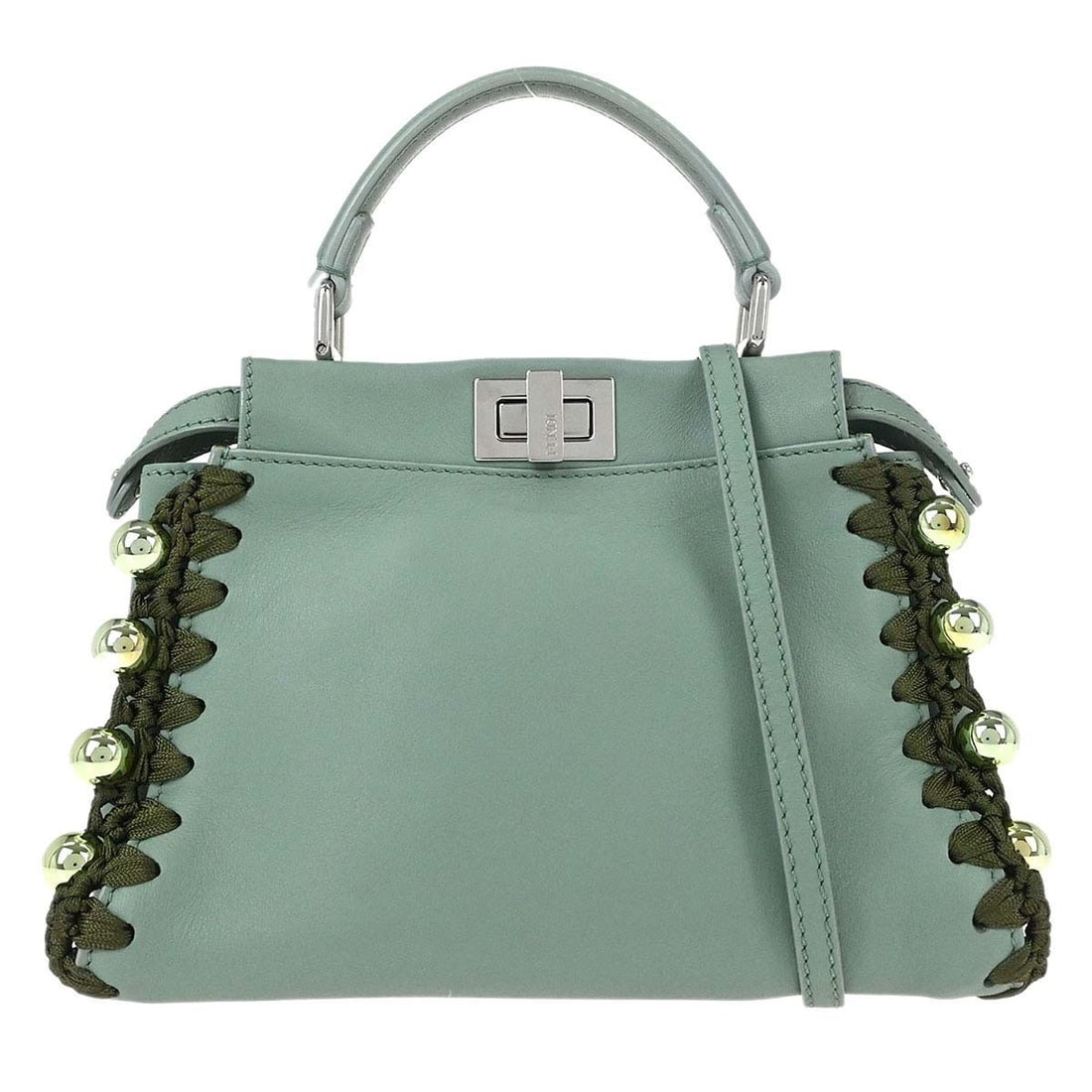 Fendi Peekaboo Green Leather Mini Top Handle Bag: Fendi Peekaboo Green Leather Mini Top Handle Bag This Fendi Peekaboo 2way handbag features a mini size and is crafted from green leather. It is designed with a top handle and includes logo accents, of