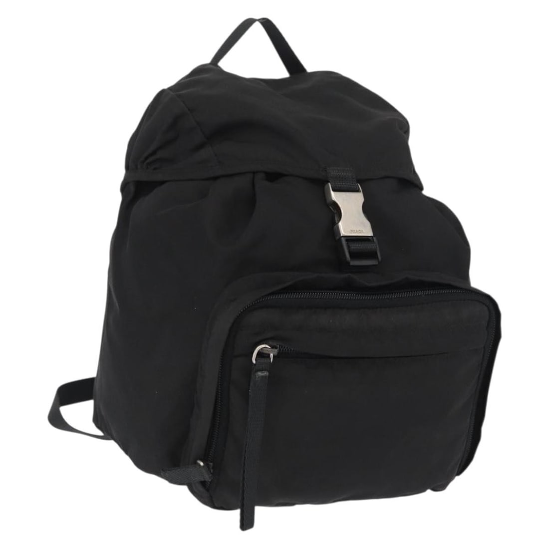 Prada nylon black silver backpack Italy 8.7 x 8.7 x 4.7 inch: Prada nylon black silver backpack Italy 8.7 x 8.7 x 4.7 inch This PRADA backpack is crafted from black nylon with silver-tone accents. Designed for women, it features a compact silhouette with approxi