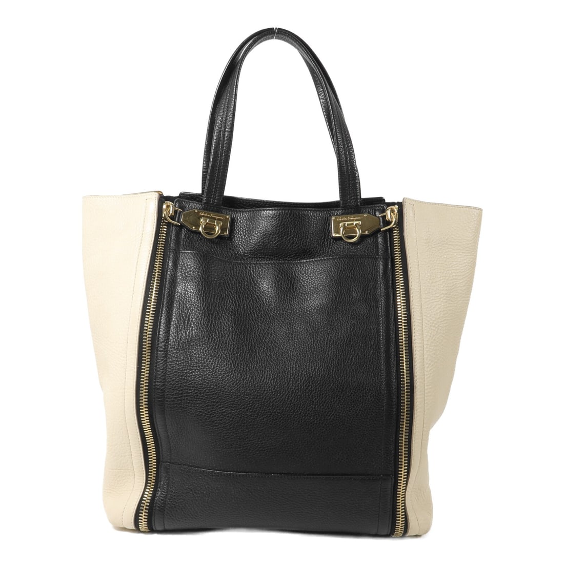 Salvatore Ferragamo Gancini calfskin tote bag black white GHW: Salvatore Ferragamo Gancini calfskin tote bag black white GHW This Salvatore Ferragamo Gancini shoulder tote bag is crafted from premium calfskin leather in a sophisticated black and white color combi