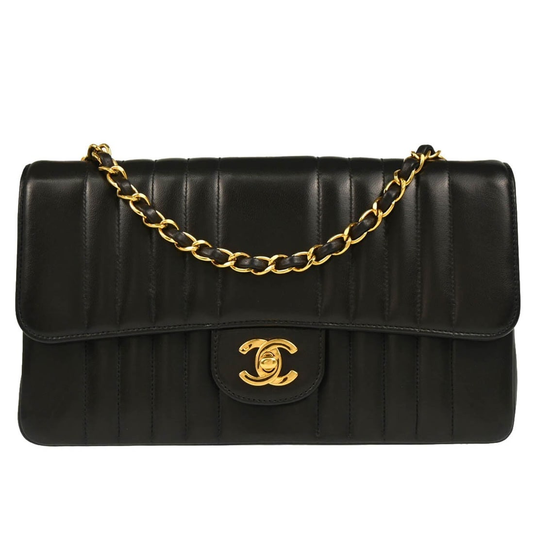 Chanel Mademoiselle black lambskin shoulder bag turn lock: Chanel Mademoiselle black lambskin shoulder bag turn lock This Chanel Mademoiselle shoulder bag features luxurious black lambskin leather with a classic turn lock closure. Designed with a medium-sized