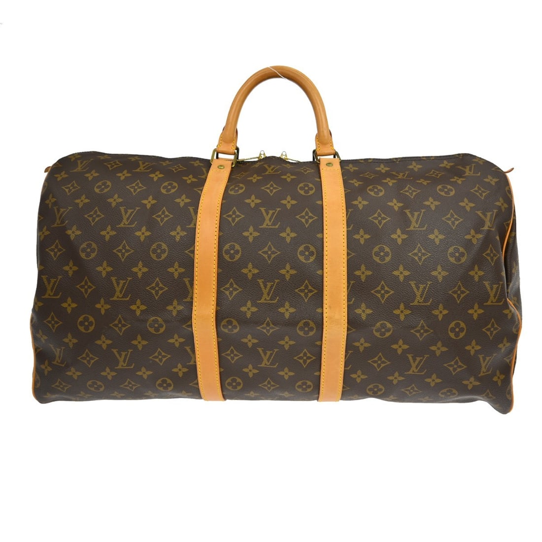 Louis Vuitton Keepall Brown Monogram Canvas Travel Bag: Louis Vuitton Keepall Brown Monogram Canvas Travel Bag This Louis Vuitton Keepall Bag features the iconic Monogram canvas in brown, designed for unisex use. The bag shows visible wear, including scuff