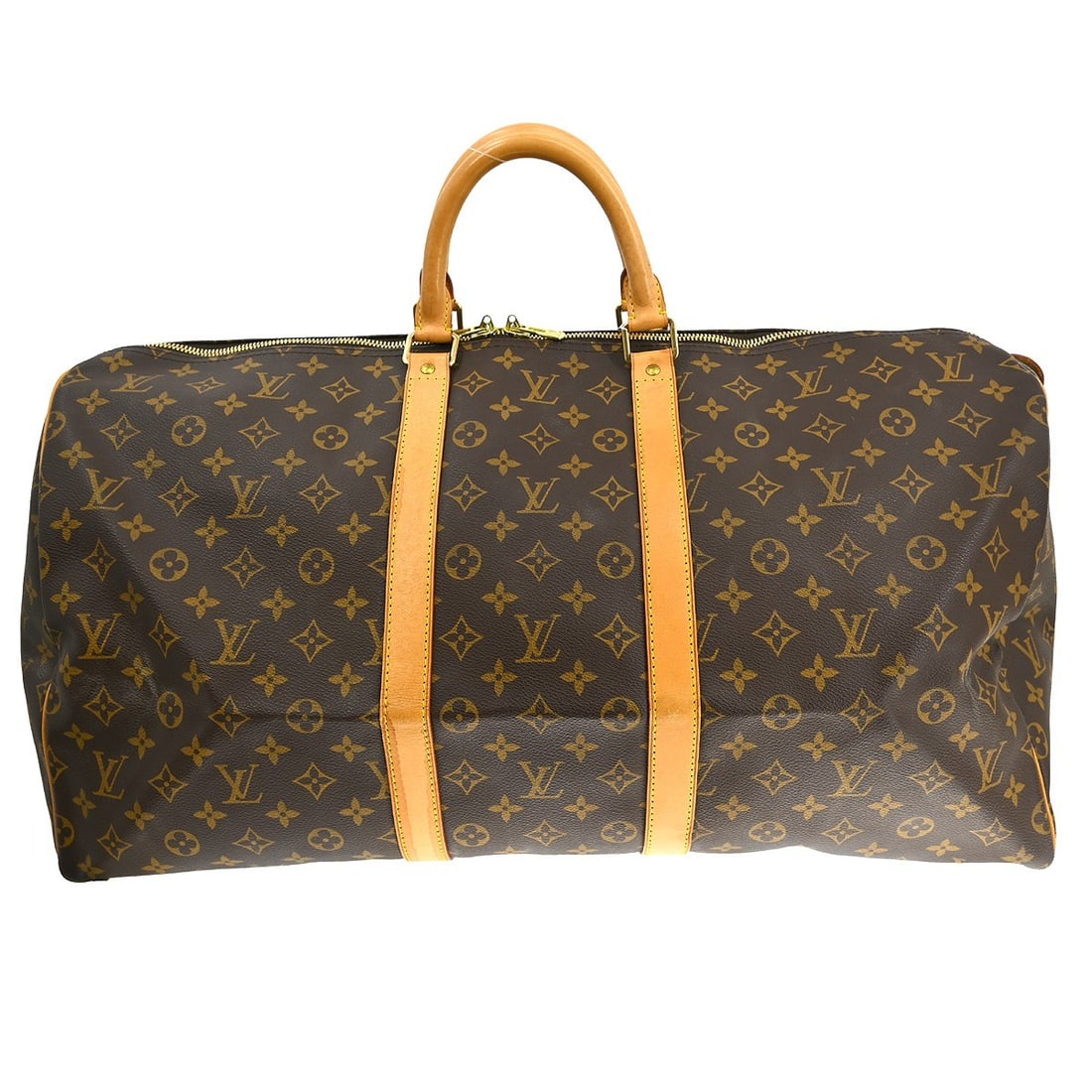 Louis Vuitton Keepall 55 monogram duffle travel bag: Louis Vuitton Keepall 55 monogram duffle travel bag This Louis Vuitton Keepall 55 is a vintage extra-large travel handbag crafted from the iconic monogram canvas leather. Featuring double beige leathe