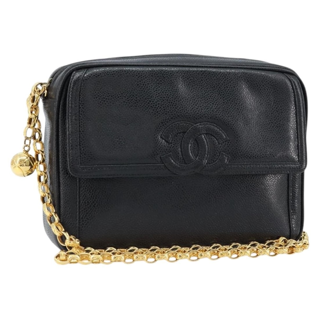Chanel Black Caviar Leather Shoulder Bag with Gold CC Chain: Chanel Black Caviar Leather Shoulder Bag with Gold CC Chain This CHANEL chain shoulder bag features luxurious black caviar skin leather with elegant gold-tone accents and the iconic CC logo. Designed 
