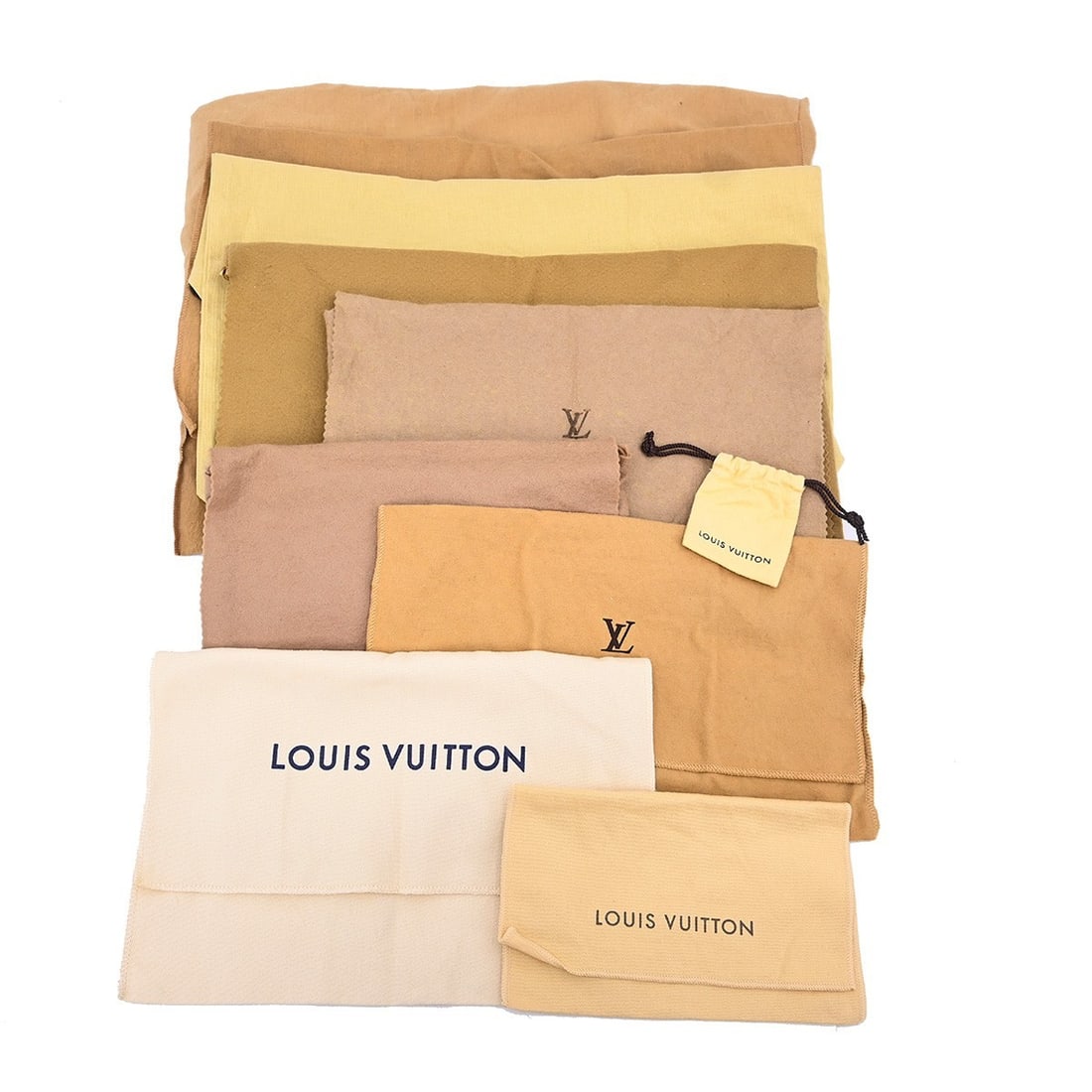 Set of 10 Louis Vuitton Cotton Storage Bags Brown Beige: Set of 10 Louis Vuitton Cotton Storage Bags Brown Beige This is a set of 10 Louis Vuitton dust bags made from 100% cotton in brown and beige. Designed for unisex use, these dust bags are suitable for 