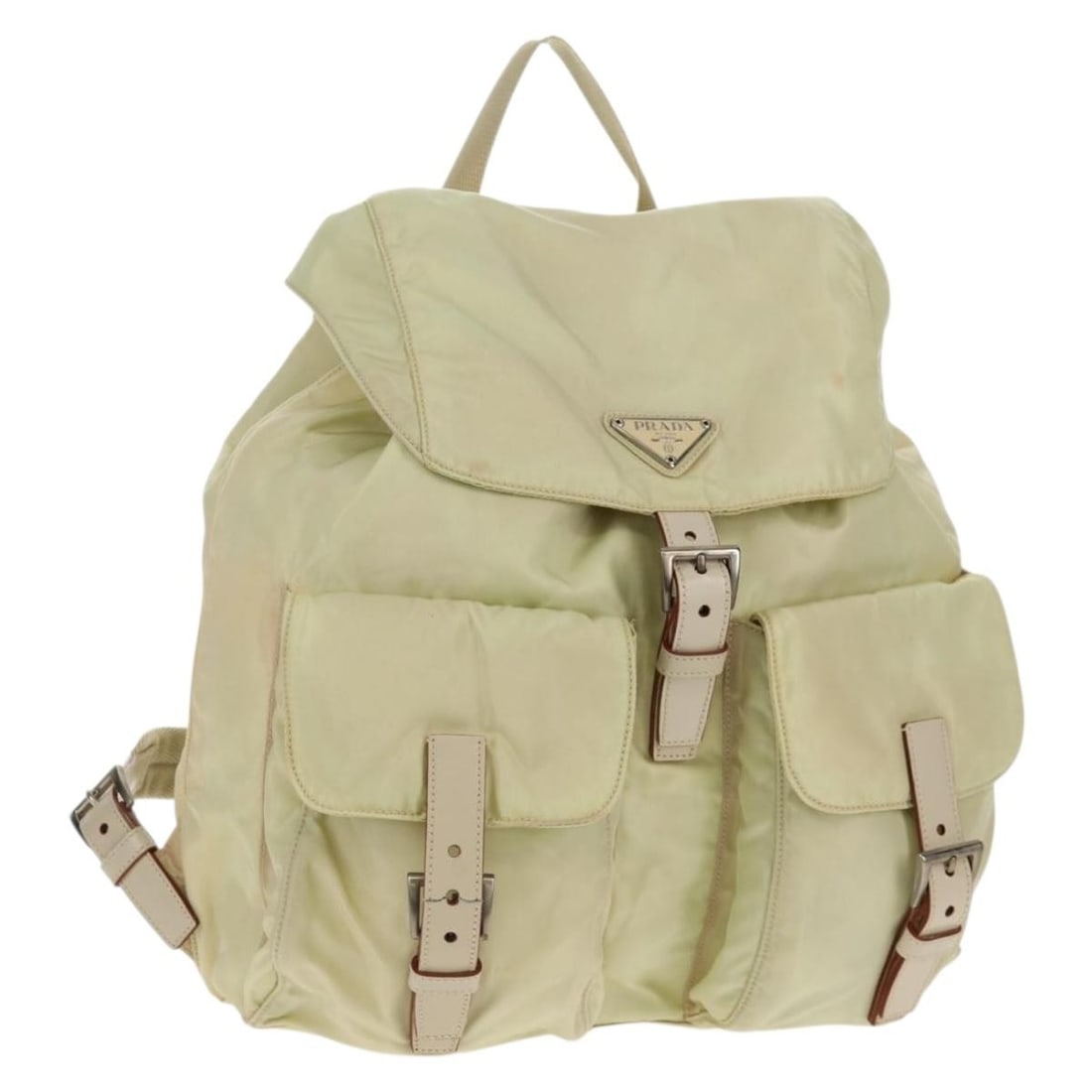 Prada Beige Nylon Women's Backpack Italy Silver Trim: Prada Beige Nylon Women's Backpack Italy Silver Trim This PRADA women's backpack is crafted from durable nylon in a beige and silver color combination. Made in Italy, it features a spacious main compa