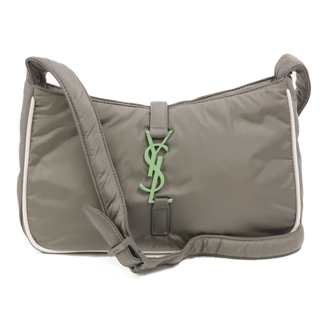 Saint Laurent Le 5 A 7 Gray Nylon Shoulder Bag: Saint Laurent Le 5 A 7 Gray Nylon Shoulder Bag This Saint Laurent Le 5 a 7 shoulder bag is crafted from durable gray nylon and features a sleek, minimalist design. Designed for women, it offers a comp