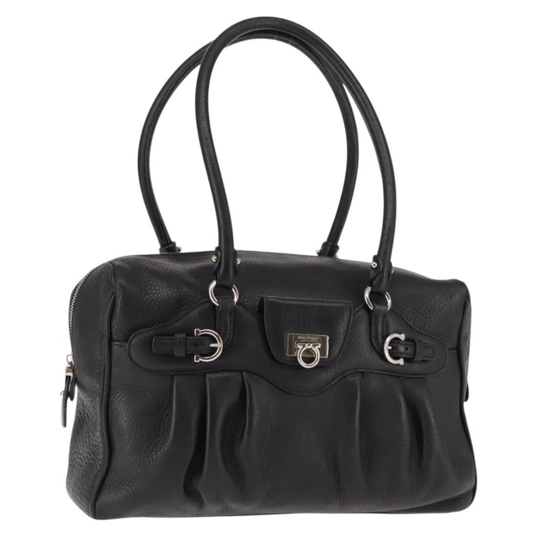 Salvatore Ferragamo Gancini Black Silver Leather Shoulder Bag Authentic: Salvatore Ferragamo Gancini Black Silver Leather Shoulder Bag Authentic This exquisite Salvatore Ferragamo Gancini Shoulder Bag is a timeless piece crafted in Italy from premium leather. Featuring a c