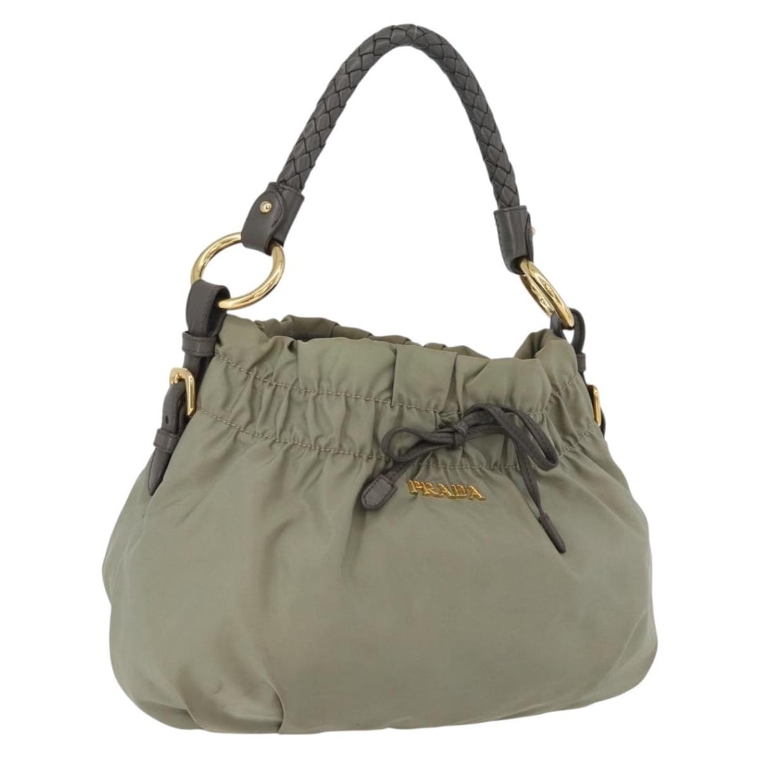 Prada nylon leather shoulder bag gold light green Italy: Prada nylon leather shoulder bag gold light green Italy This PRADA shoulder bag features a combination of gold and light green nylon with leather accents. Designed for women, the bag is crafted in Ita