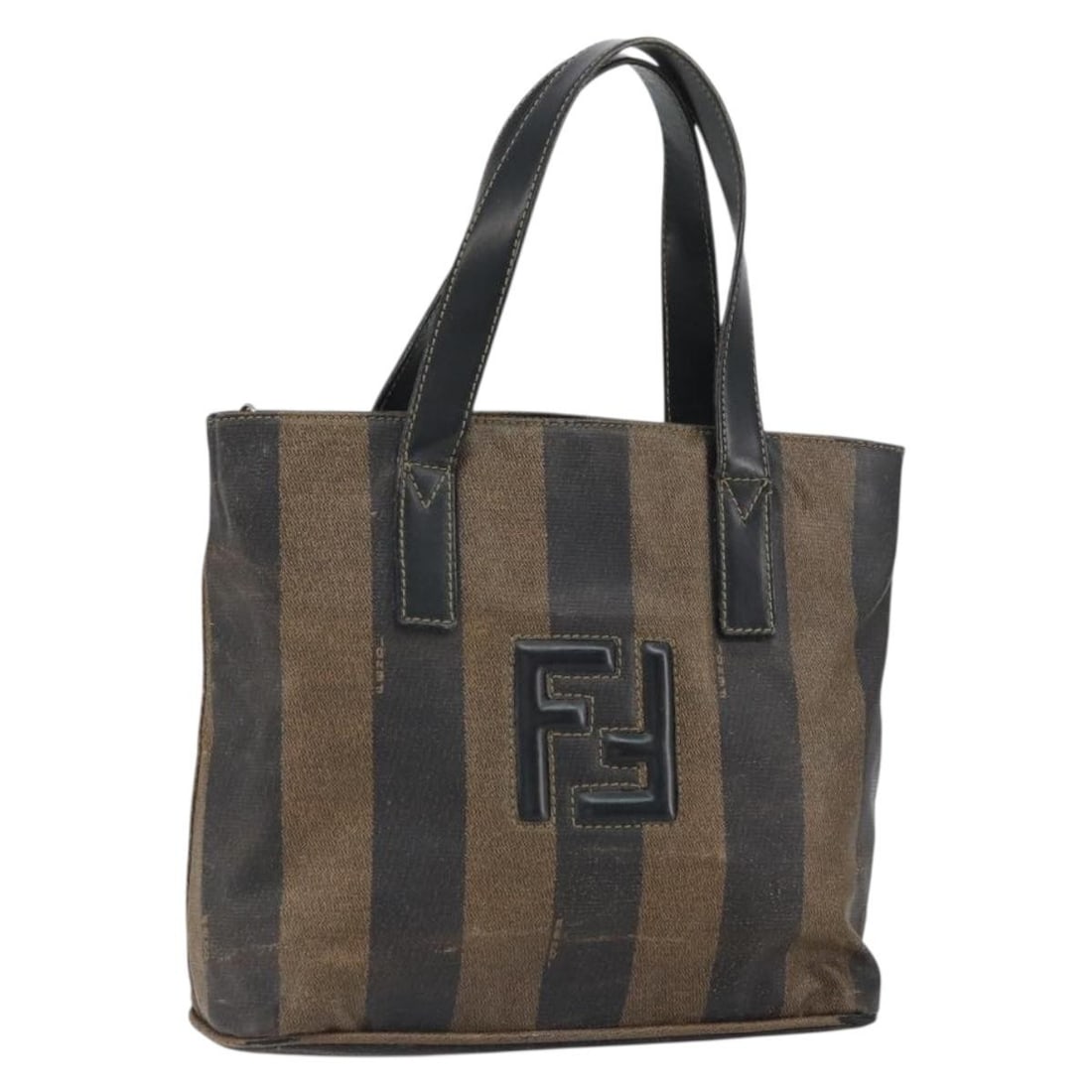 Fendi Pequin Canvas Black Brown PVC Leather Two Way Handbag Gold Tone Italy: Fendi Pequin Canvas Black Brown PVC Leather Two Way Handbag Gold Tone Italy This FENDI Pequin canvas handbag features a two-way design crafted from PVC leather with black, brown, and gold tones. Made 