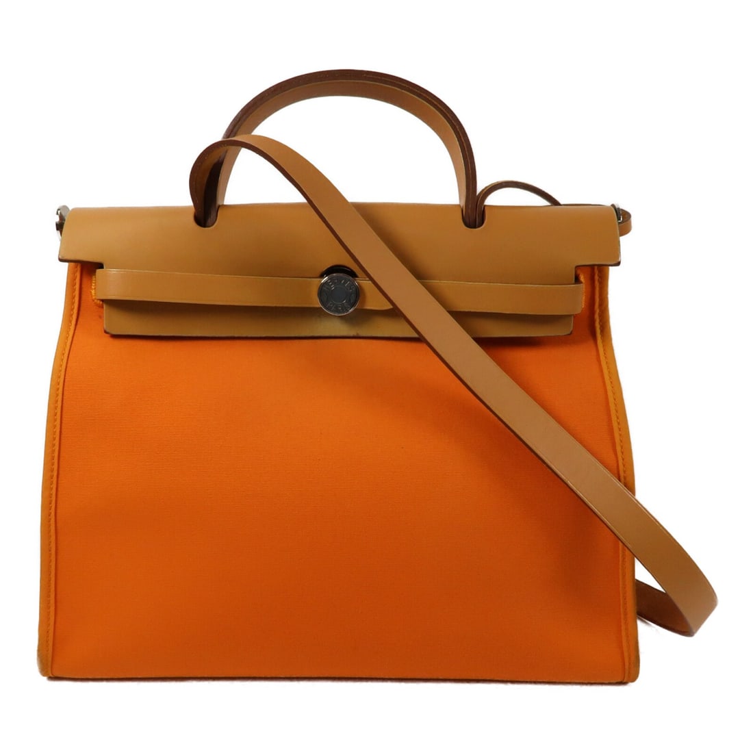 Hermes Herbag PM Orange Canvas Shoulder Bag with Palladium Hardware: Hermes Herbag PM Orange Canvas Shoulder Bag with Palladium Hardware This Hermes Herbag PM is a versatile 2-way shoulder bag crafted from orange canvas, designed for women. The bag features a regular s