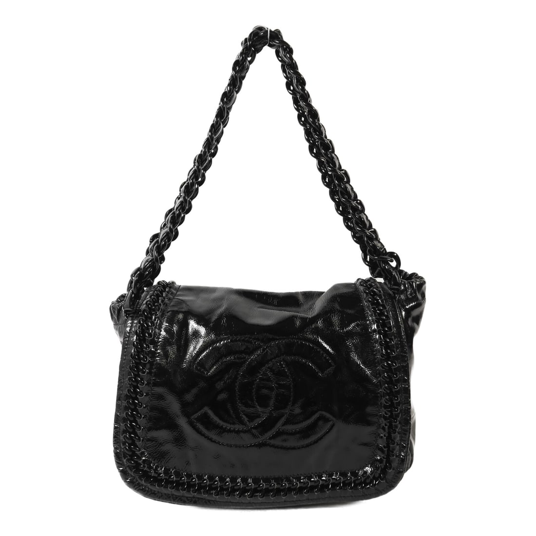 Chanel Black Patent Leather CC Logo Women's Shoulder Bag: Chanel Black Patent Leather CC Logo Women's Shoulder Bag This CHANEL CC shoulder bag features black patent leather for a sleek and sophisticated look. Designed for women, it combines classic styling w