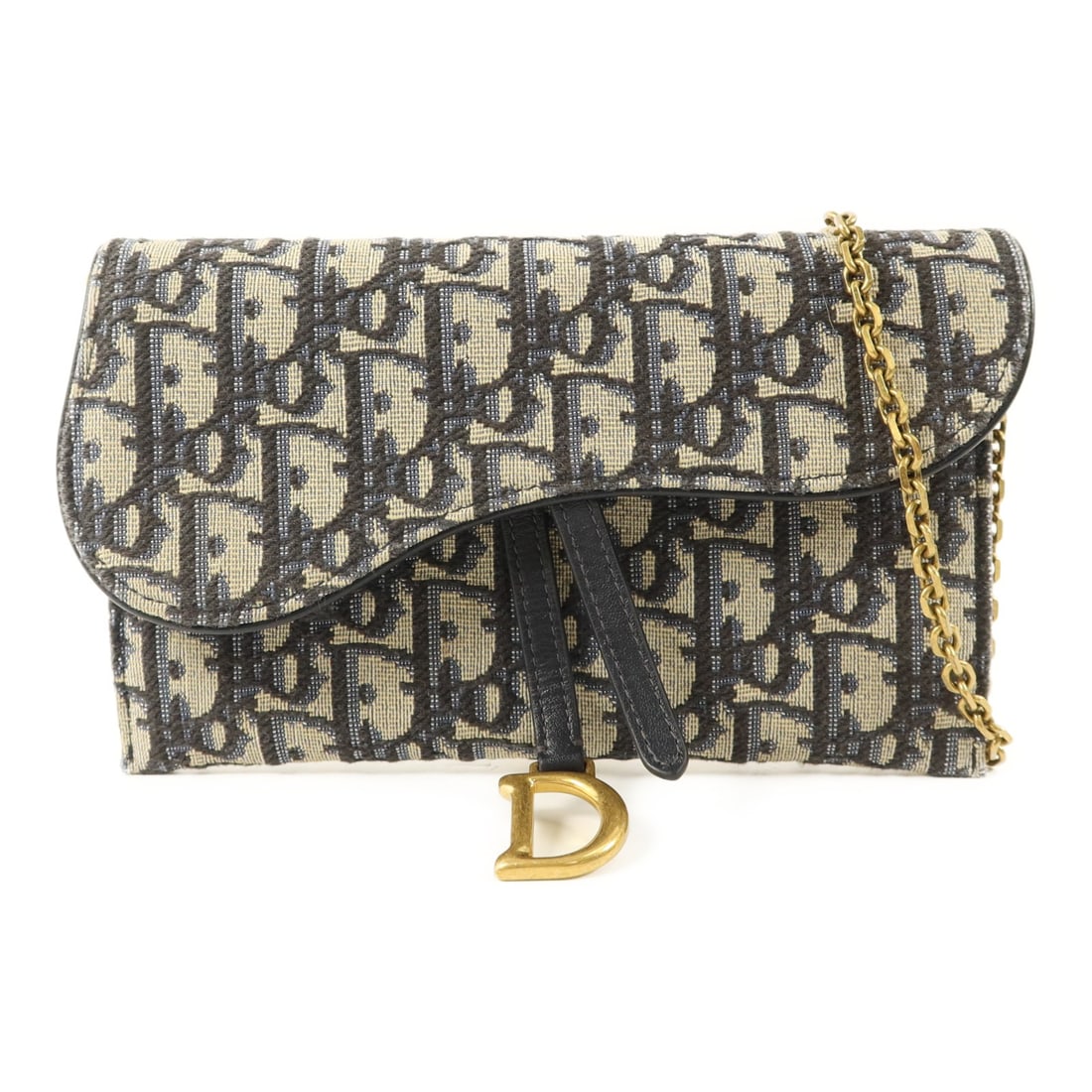 Dior Small Navy Canvas Saddle Pouch Shoulder Bag with Gold Chain: Dior Small Navy Canvas Saddle Pouch Shoulder Bag with Gold Chain This Christian Dior small Saddle pouch features a navy canvas exterior and is designed as a shoulder bag with a chain. Crafted in Franc