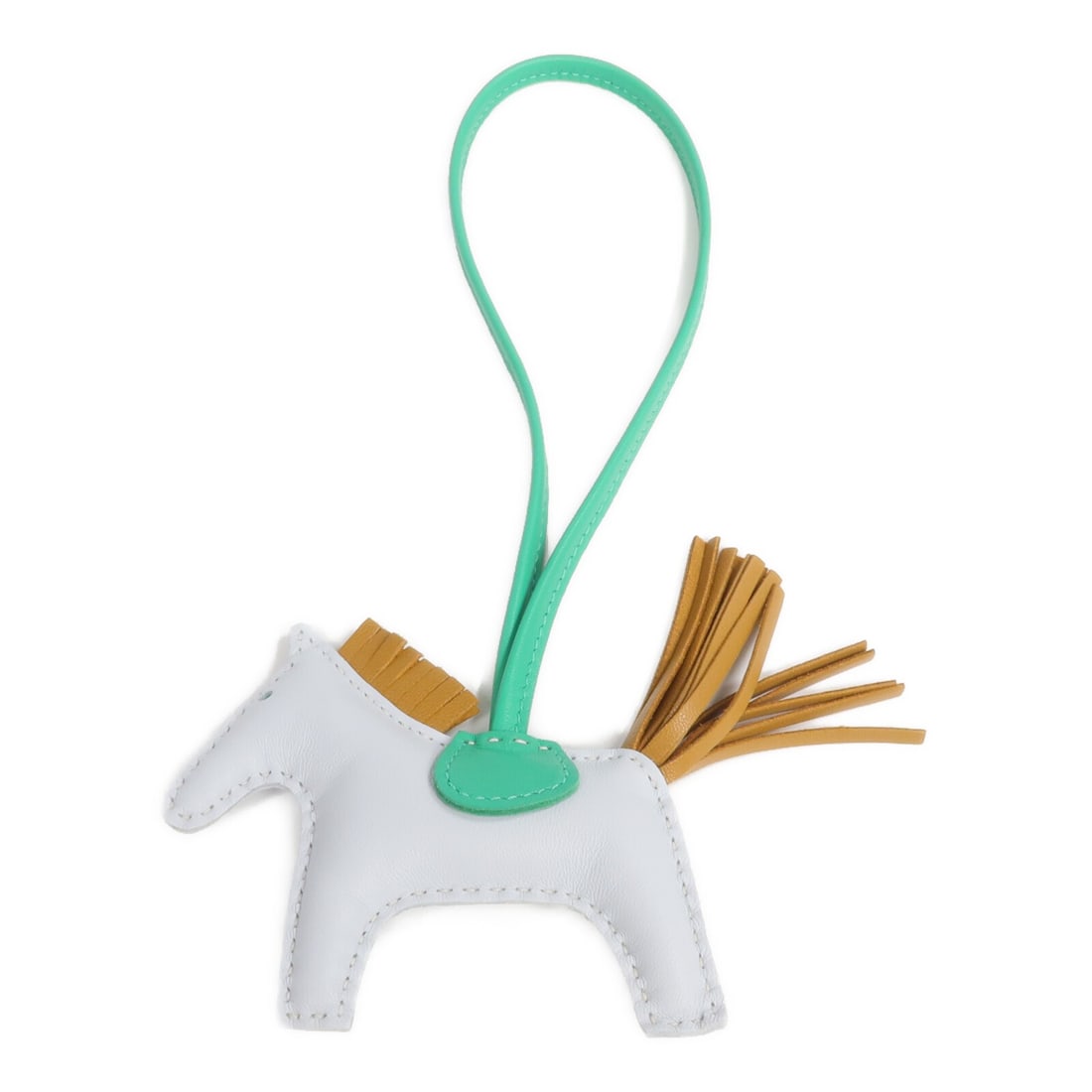 Hermes Rodeo PM Milo Lambskin Bag Charm Bleu Pale Menthe Sesame: Hermes Rodeo PM Milo Lambskin Bag Charm Bleu Pale Menthe Sesame This is an Hermes Rodeo PM charm crafted from Milo lambskin leather in a combination of Bleu Pale, Menthe, and Sesame colors. Designed f