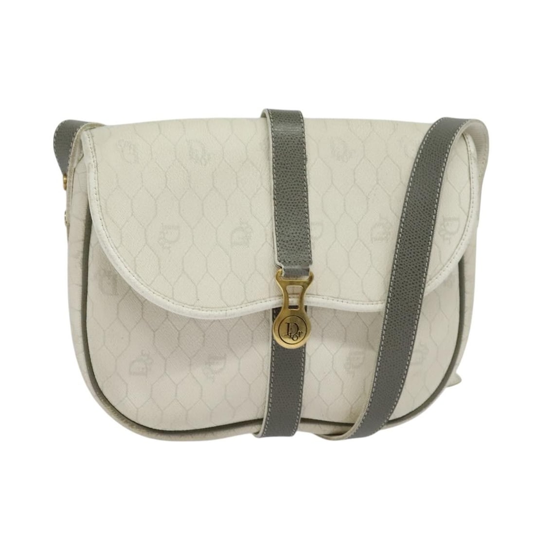 Christian Dior White Gold Honeycomb Canvas Shoulder Bag: Christian Dior White Gold Honeycomb Canvas Shoulder Bag This Christian Dior shoulder bag features the brand's signature honeycomb canvas design in white and gold, crafted from PVC leather. The bag is 