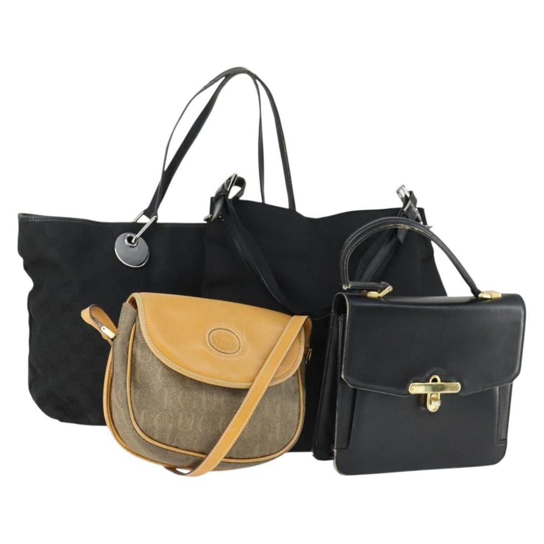 Gucci Black Beige Nylon GG Canvas Shoulder Bag Set: Gucci Black Beige Nylon GG Canvas Shoulder Bag Set This is a heavily used GUCCI GG Canvas shoulder bag set crafted from nylon and leather in black and beige. The set is designed for women and was made