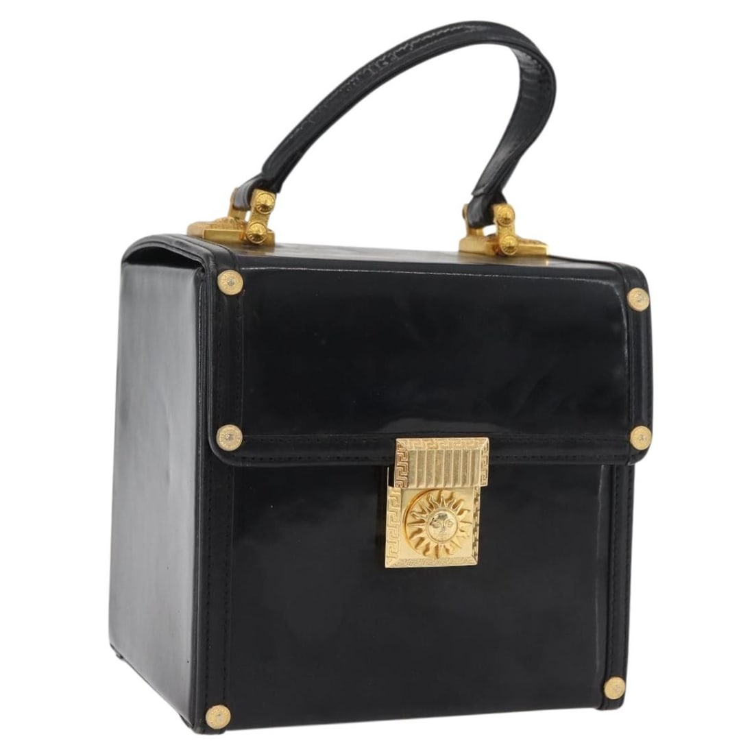 Gianni Versace Black Gold Patent Leather Handbag with Mirror: Gianni Versace Black Gold Patent Leather Handbag with Mirror This Gianni Versace handbag is crafted from black and gold patent leather and features a compact, structured silhouette. Designed for women