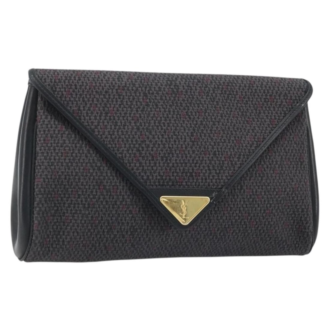 Black Leather Canvas Clutch by Saint Laurent with Gold Accents: Black Leather Canvas Clutch by Saint Laurent with Gold Accents This Saint Laurent clutch bag features a sleek black leather exterior with gold-tone accents. Designed for women, it offers a compact and
