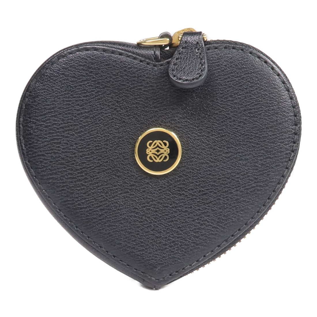 Black Leather Heart Shaped Coin Purse by Loewe with Gold Hardware: Black Leather Heart Shaped Coin Purse by Loewe with Gold Hardware This LOEWE heart-shaped coin purse is crafted from black leather with gold tone hardware. Designed for women, it offers a stylish and 
