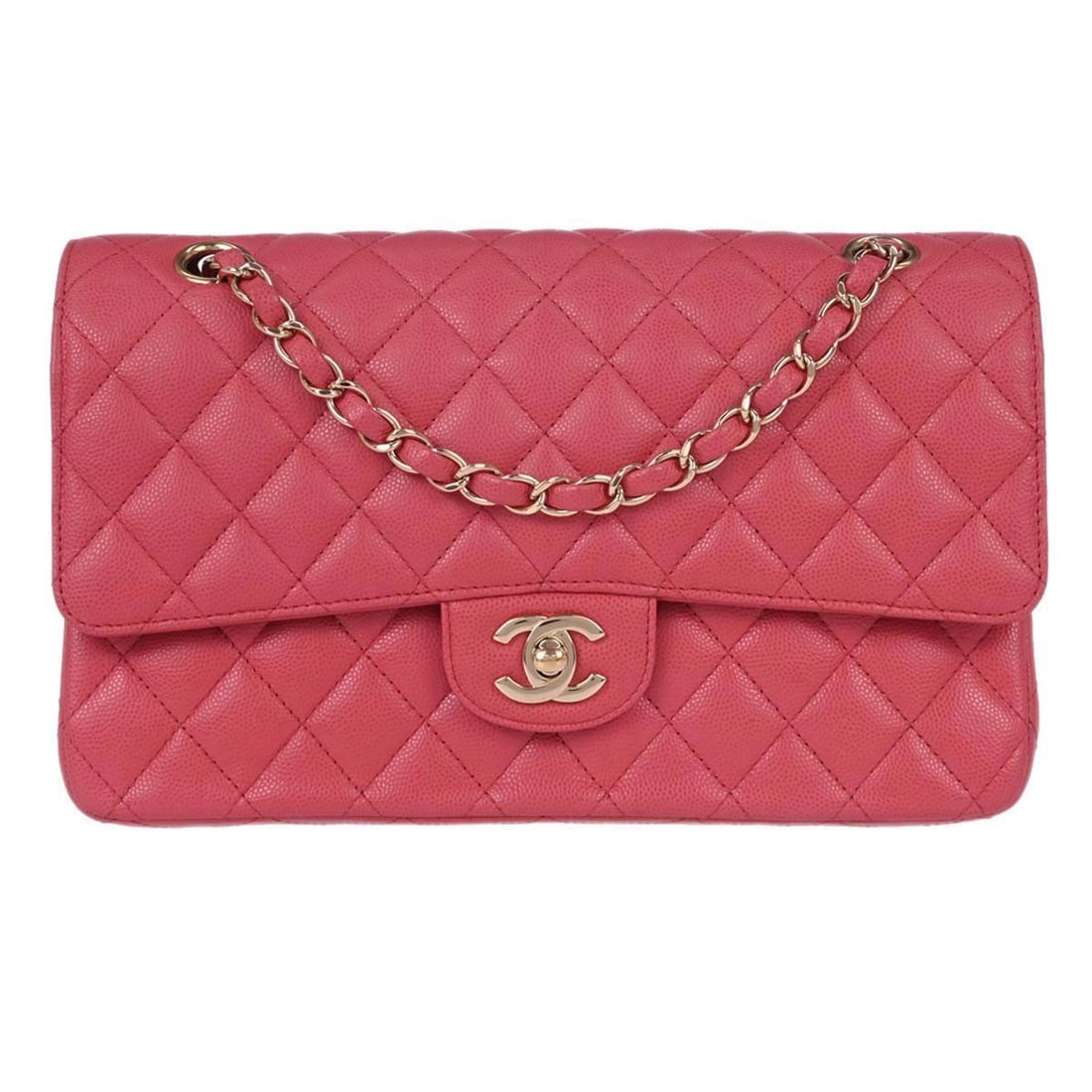 CHANEL Classic Double Flap Pink Calfskin Medium Shoulder Bag: CHANEL Classic Double Flap Pink Calfskin Medium Shoulder Bag This Chanel Classic Double Flap shoulder bag features a pink calfskin leather exterior and a medium-sized silhouette. It is designed with a