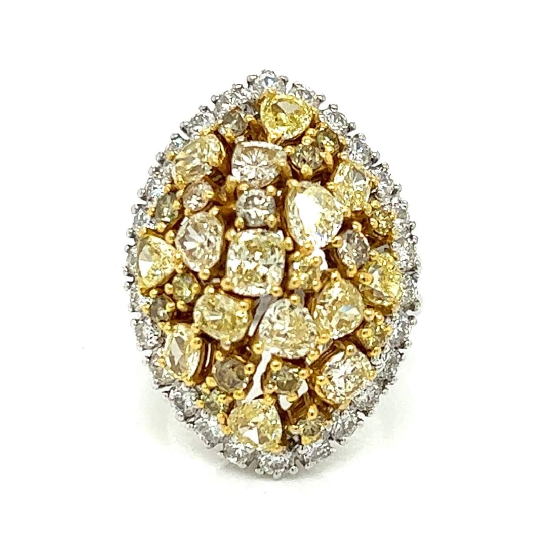 18K White Gold Fancy Yellow Diamond Ring 3.40 Ct with 26 G-H Diamonds: 18K White Gold Fancy Yellow Diamond Ring 3.40 Ct with 26 G-H Diamonds This exquisite ring showcases a stunning arrangement of fancy yellow diamonds, beautifully set in luxurious 18K white gold. Featur