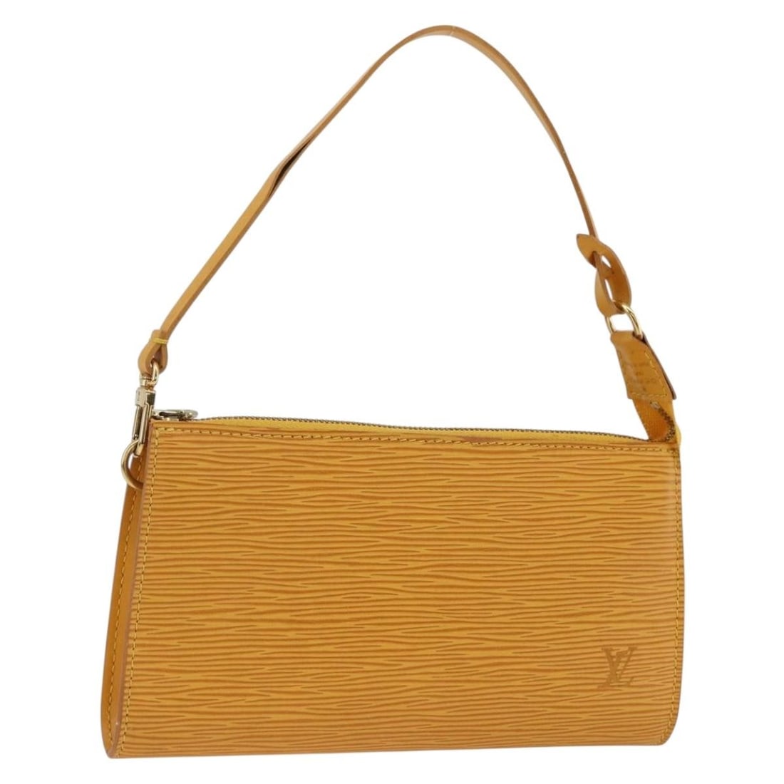 Louis Vuitton Yellow Epi Leather Pochette Accessoires Pouch M52949: Louis Vuitton Yellow Epi Leather Pochette Accessoires Pouch M52949 This Louis Vuitton Epi Pochette Accessoires pouch features durable yellow Epi leather and is designed for women. The pouch has a stru