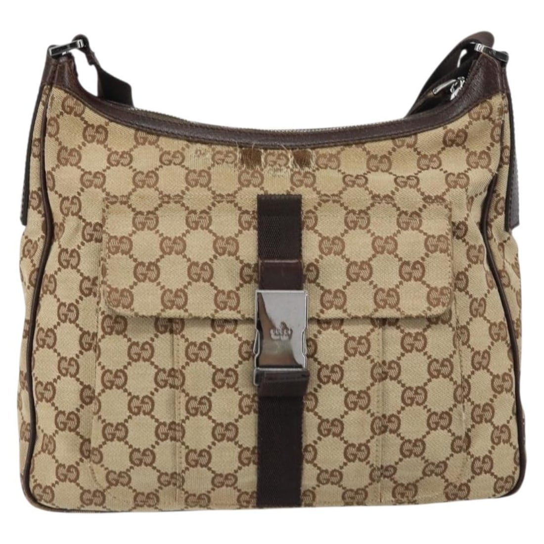 Gucci Beige Canvas Shoulder Bag 29cm by 24cm by 7cm for Women: Gucci Beige Canvas Shoulder Bag 29cm by 24cm by 7cm for Women This Gucci GG Canvas Bag for women features a beige canvas body with leather accents and metal fittings. The bag shows signs of wear inclu