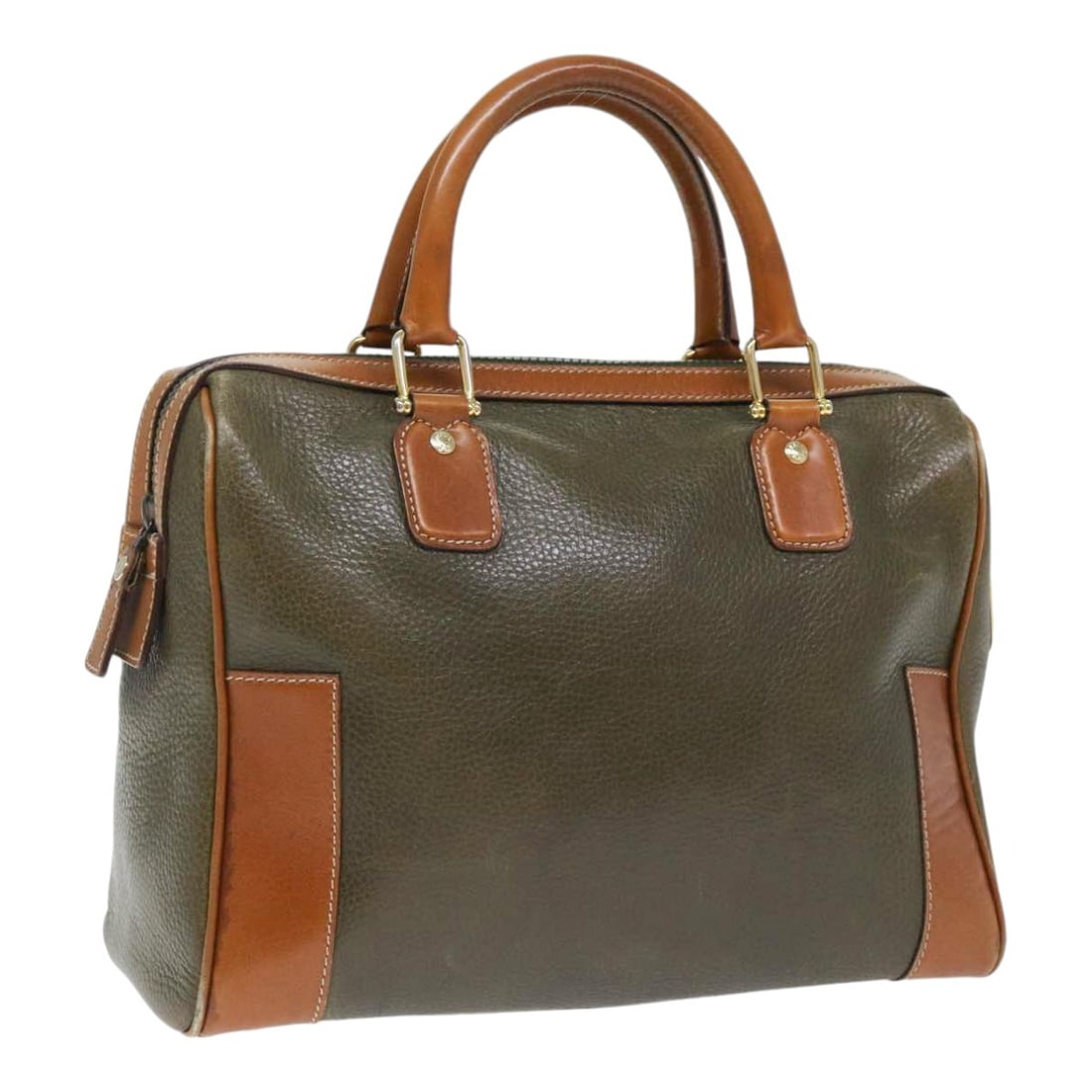 Khaki Leather Boston Bag by CELINE Gold Accents Made in Italy: Khaki Leather Boston Bag by CELINE Gold Accents Made in Italy This CELINE Boston bag features a khaki and gold leather exterior, designed for women. Made in Italy, it has a structured silhouette with 
