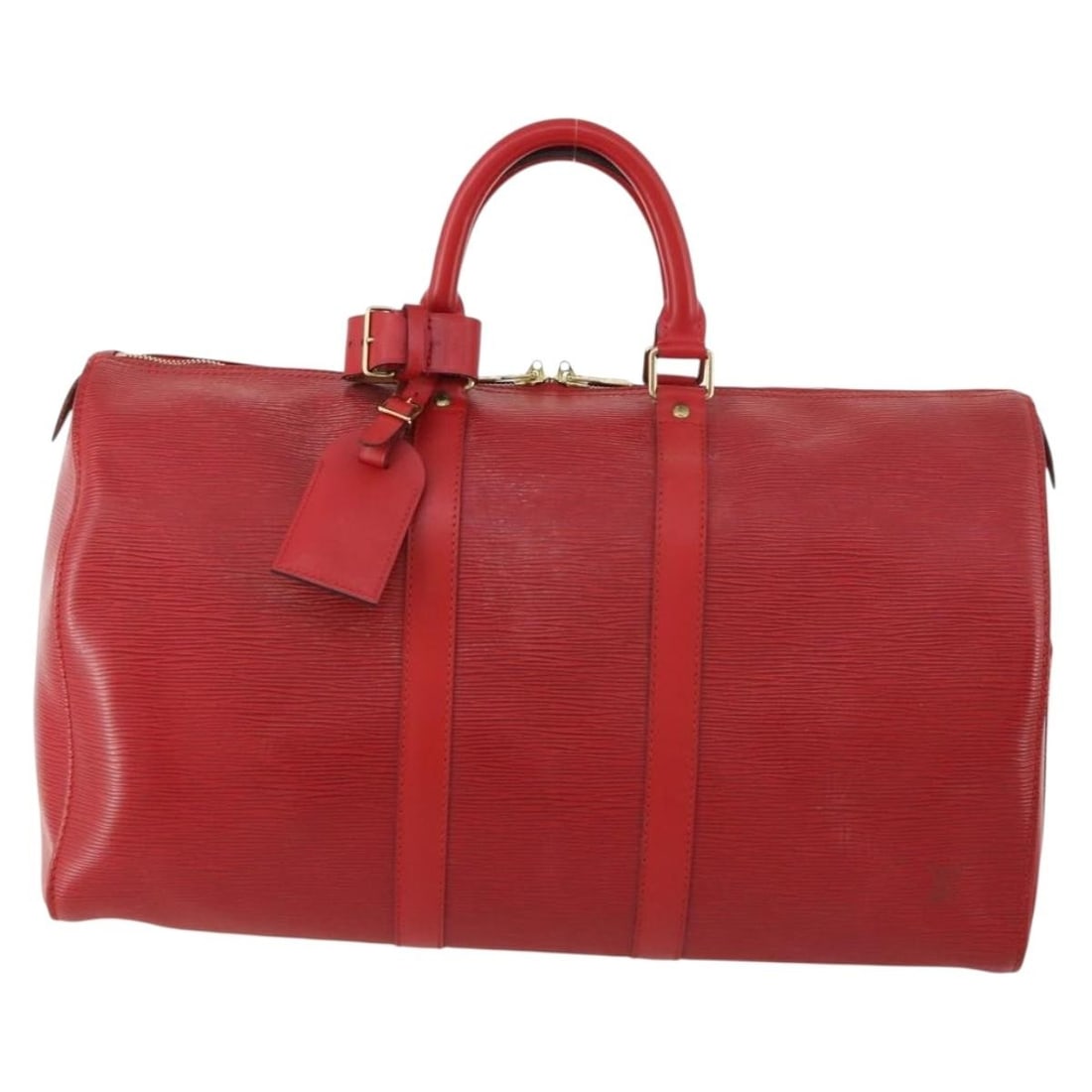Red Epi Leather Keepall Travel Bag by Louis Vuitton Unisex: Red Epi Leather Keepall Travel Bag by Louis Vuitton Unisex This Louis Vuitton Keepall Bag features signature Epi leather in red. Designed for unisex use, the bag is crafted in France and offers a spac